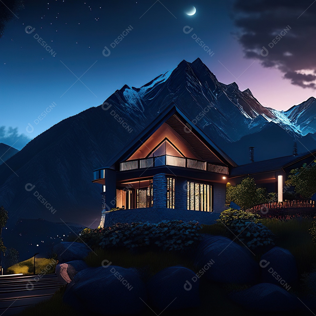 Renderização hiper-realista de uma vila com vista para a montanha