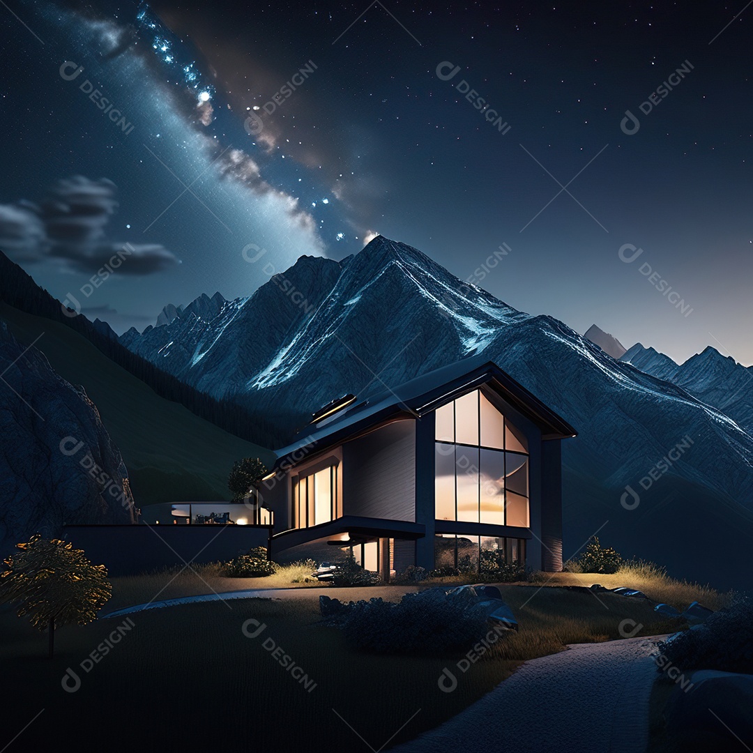 Renderização hiper-realista de uma vila com vista para a montanha