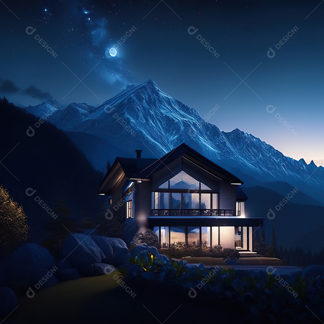 Renderização hiper-realista de uma vila com vista para a montanha