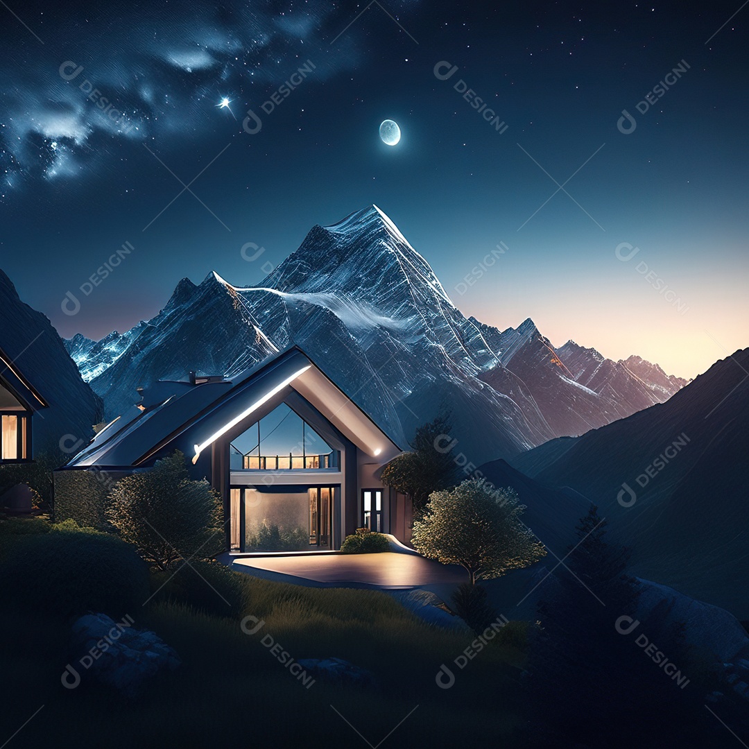 Renderização hiper-realista de uma vila com vista para a montanha