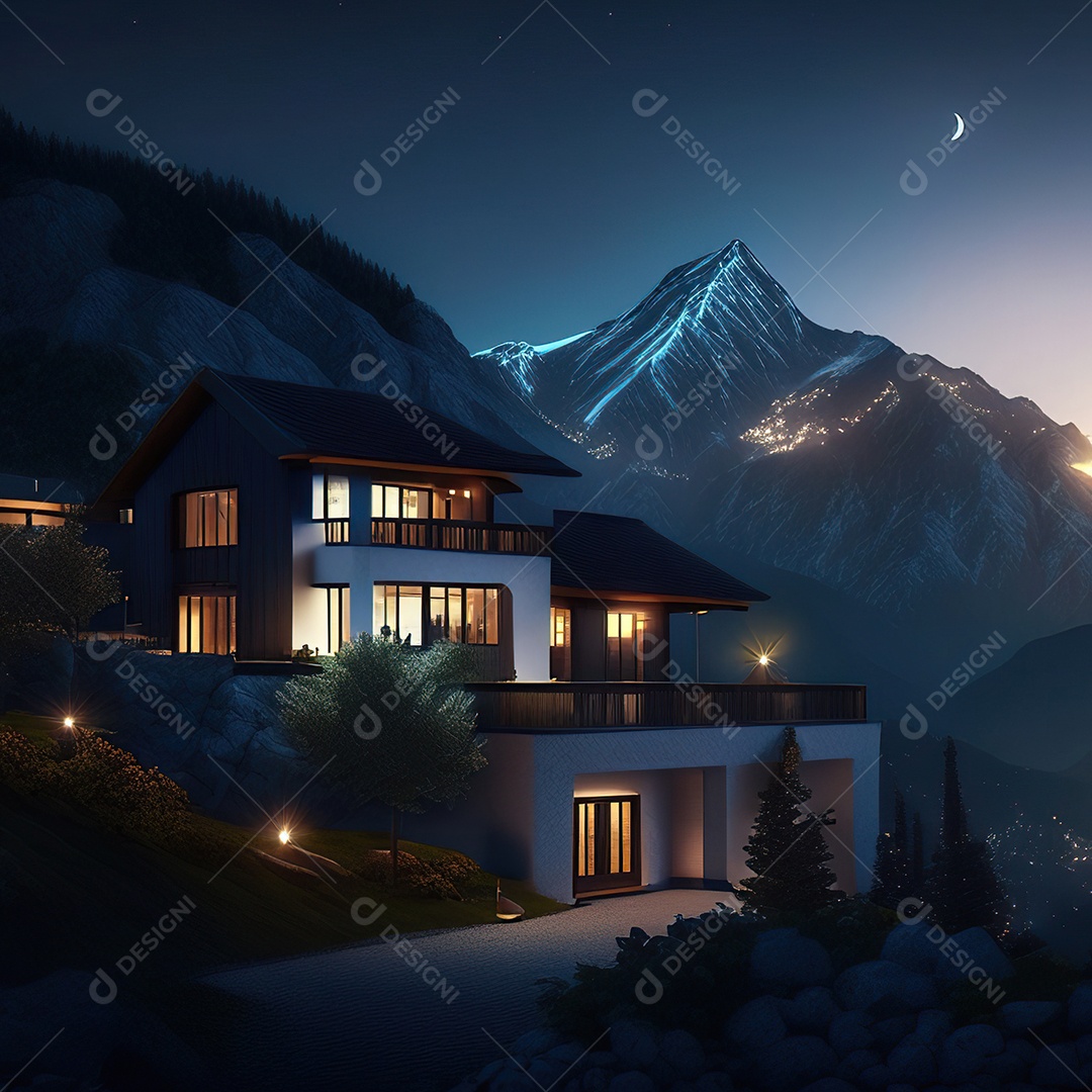 Renderização hiper-realista de uma vila com vista para a montanha