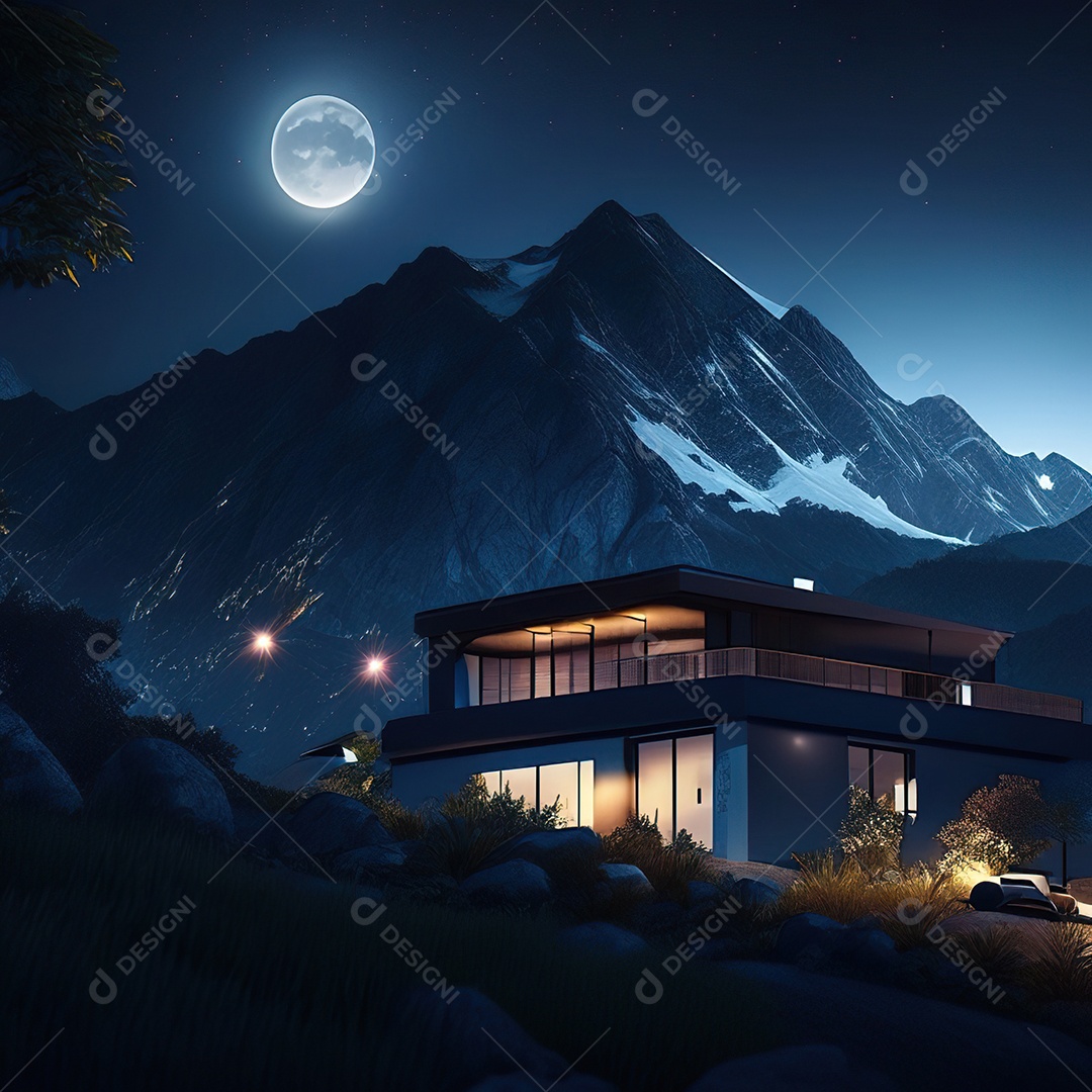 Renderização hiper-realista de uma vila com vista para a montanha