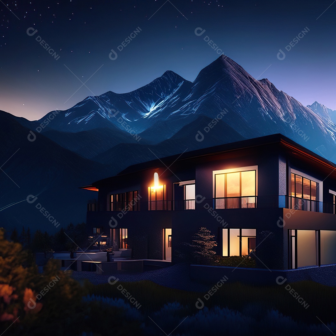 Renderização hiper-realista de uma vila com vista para a montanha