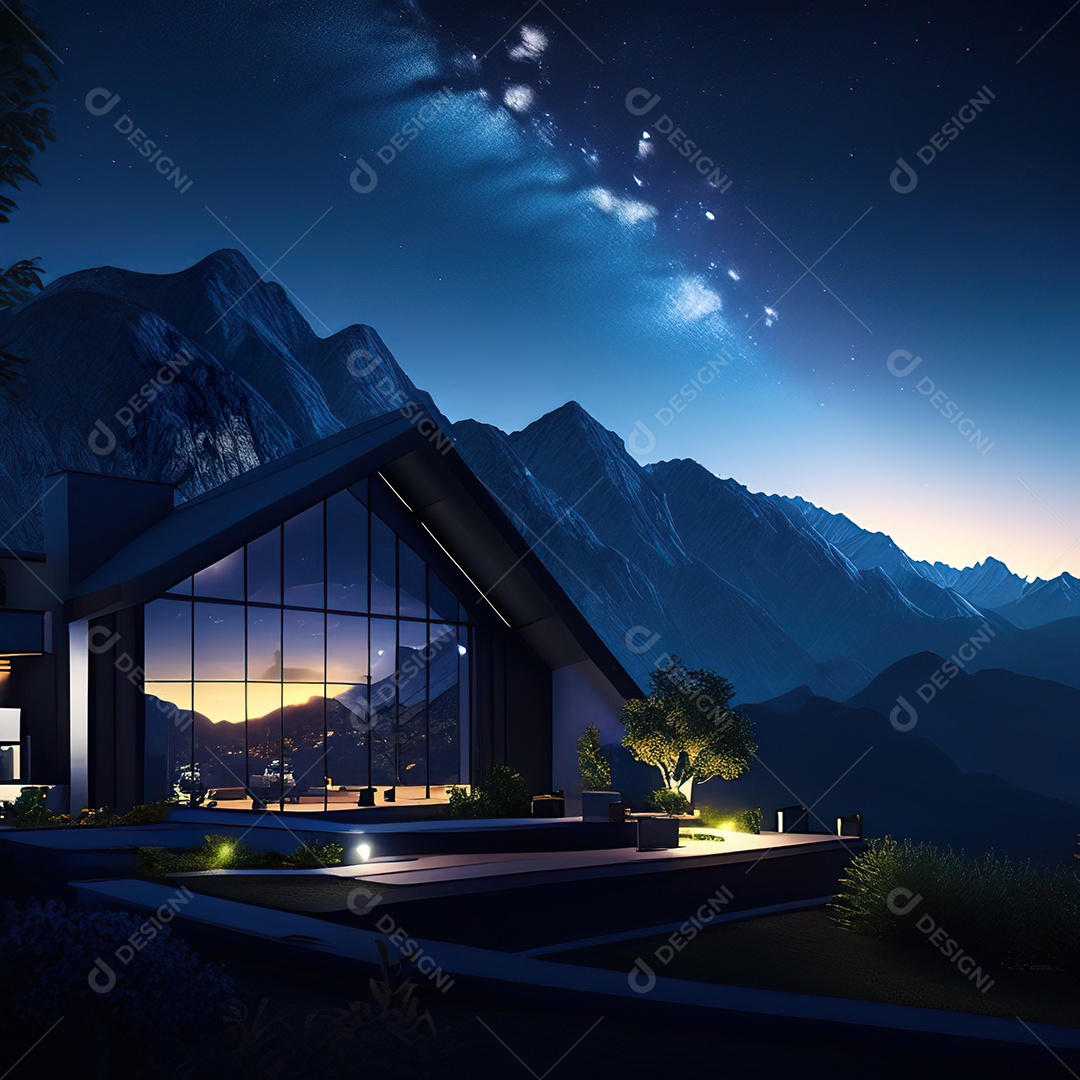 Renderização hiper-realista de uma vila com vista para a montanha