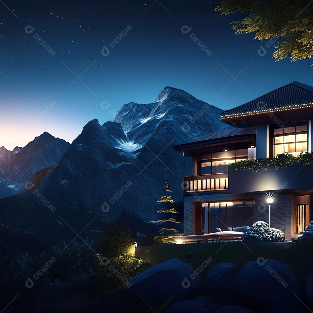 Renderização hiper-realista de uma vila com vista para a montanha