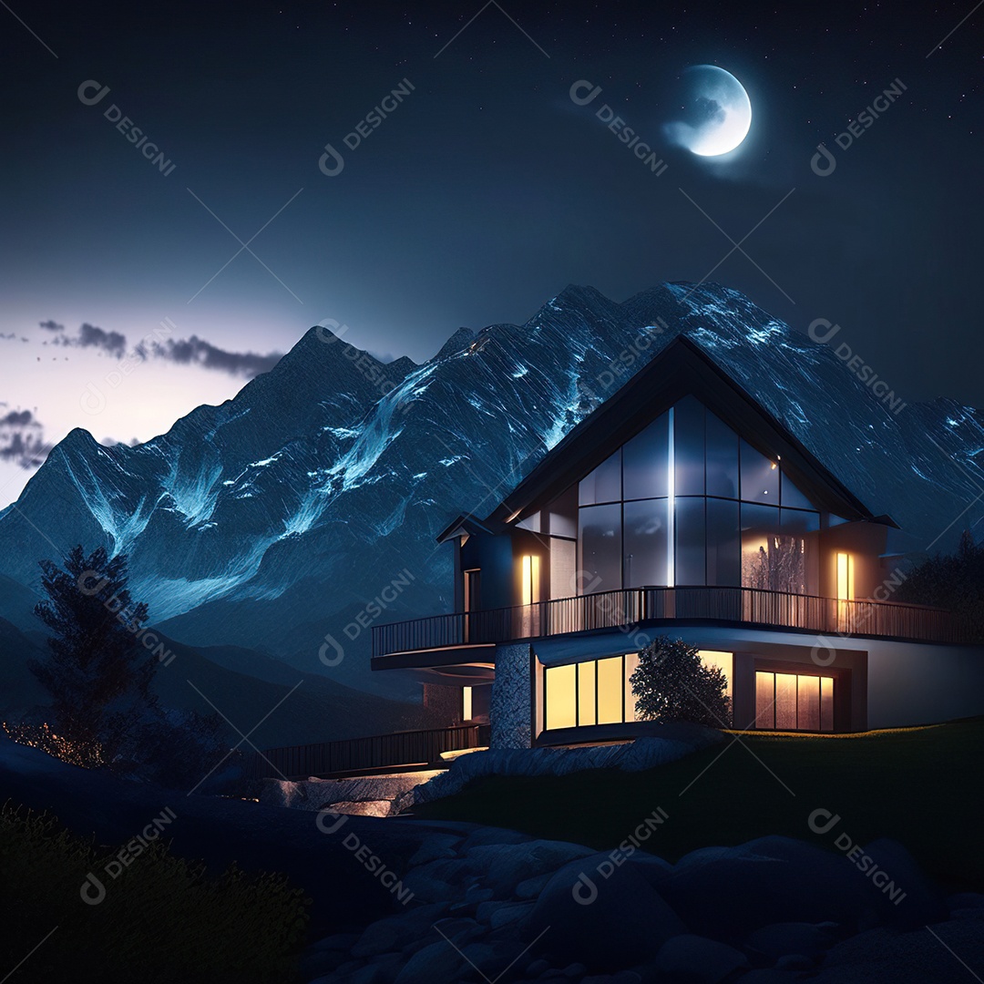 Renderização hiper-realista de uma vila com vista para a montanha