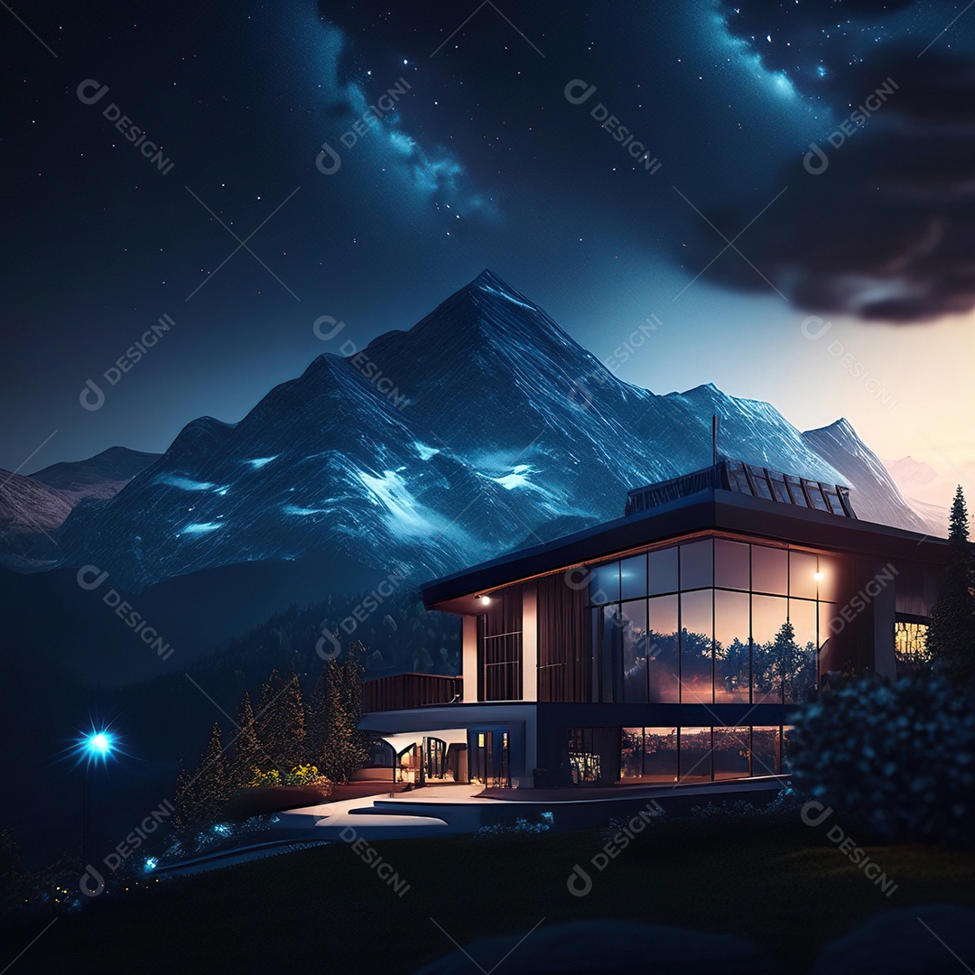 Renderização hiper-realista de uma vila com vista para a montanha