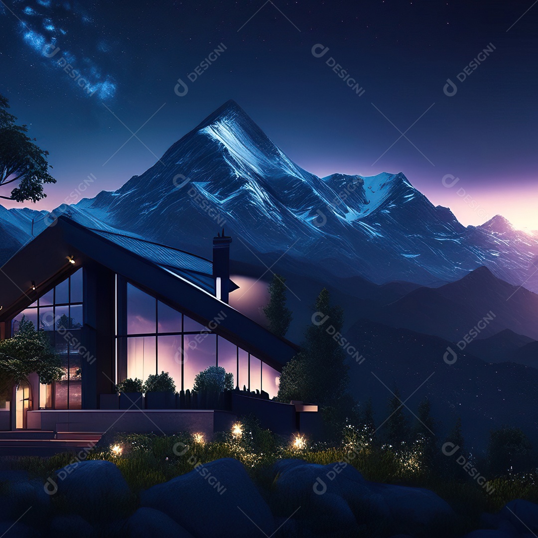 Renderização hiper-realista de uma vila com vista para a montanha