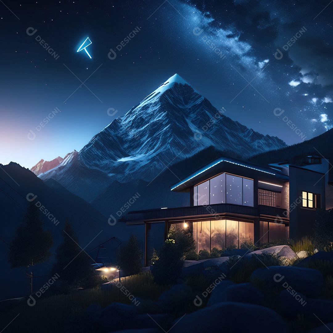 Renderização hiper-realista de uma vila com vista para a montanha