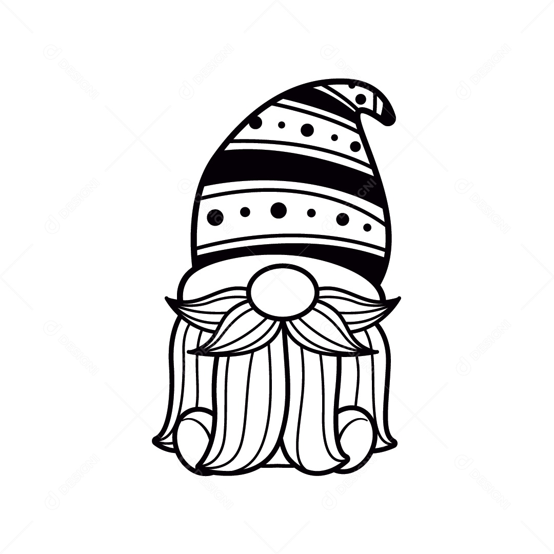 Ilustração Gnomo Preto e Branco de Chapéu Vetor EPS