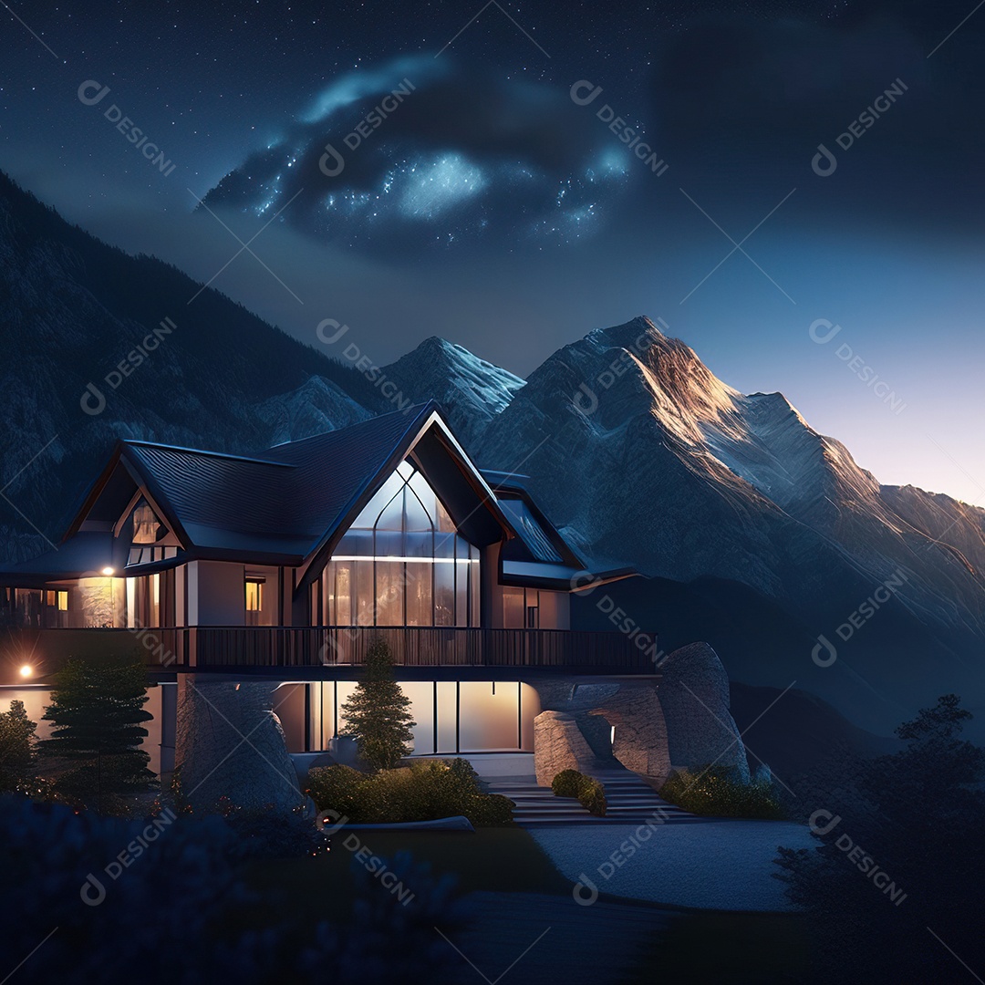 Renderização hiper-realista de uma vila com vista para a montanha