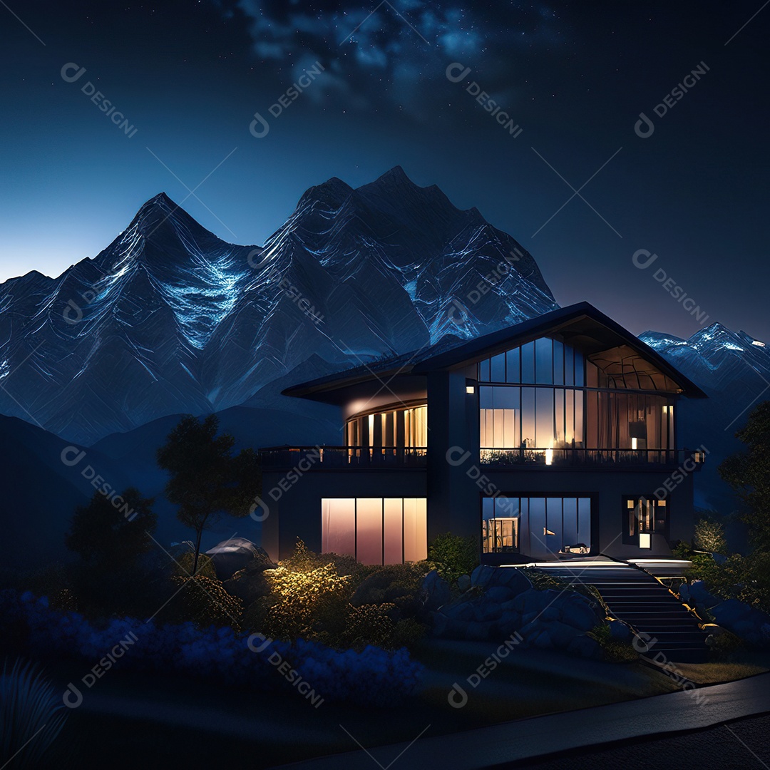 Renderização hiper-realista de uma vila com vista para a montanha