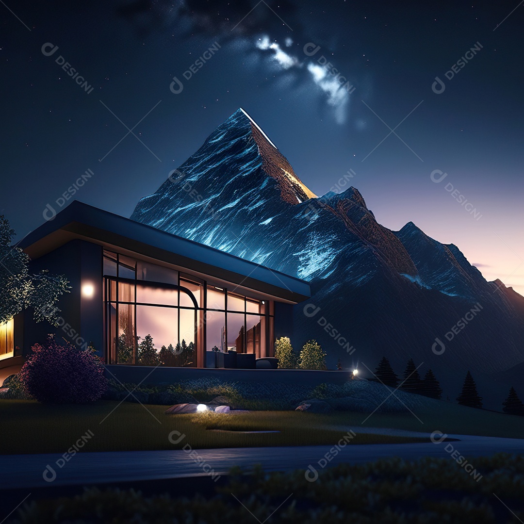 Renderização hiper-realista de uma vila com vista para a montanha