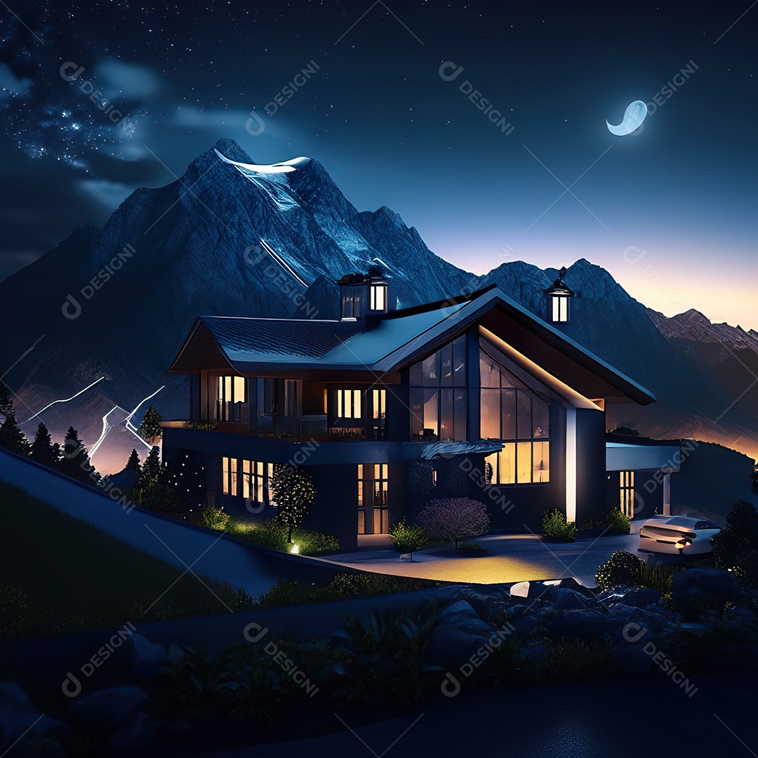 Renderização hiper-realista de uma vila com vista para a montanha