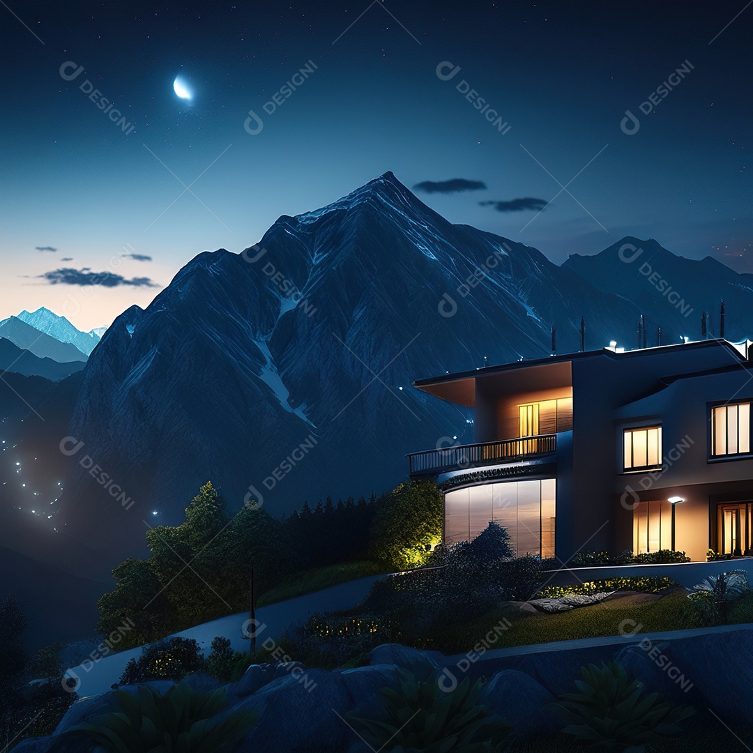 Renderização hiper-realista de uma vila com vista para a montanha