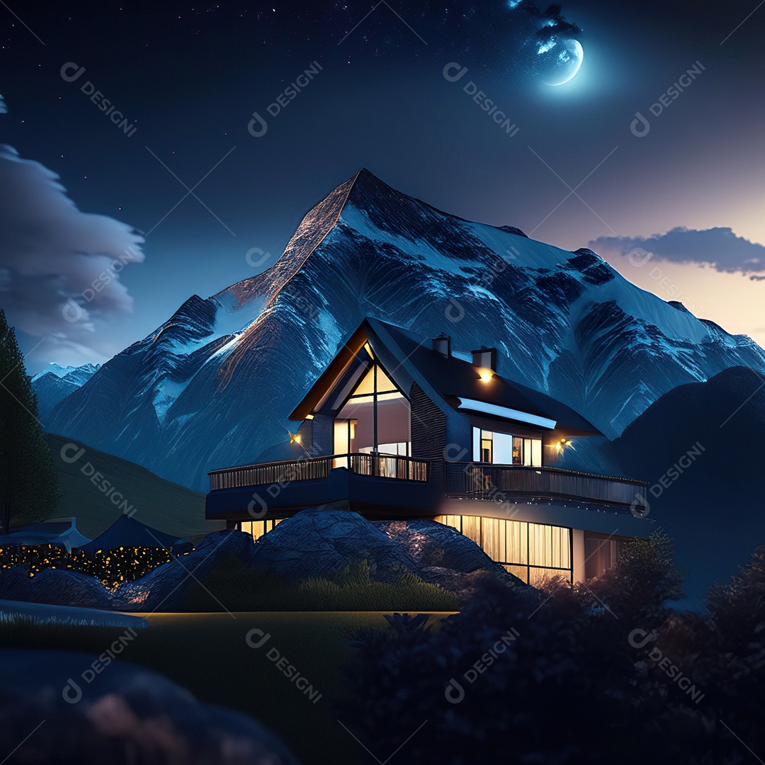 Renderização hiper-realista de uma vila com vista para a montanha