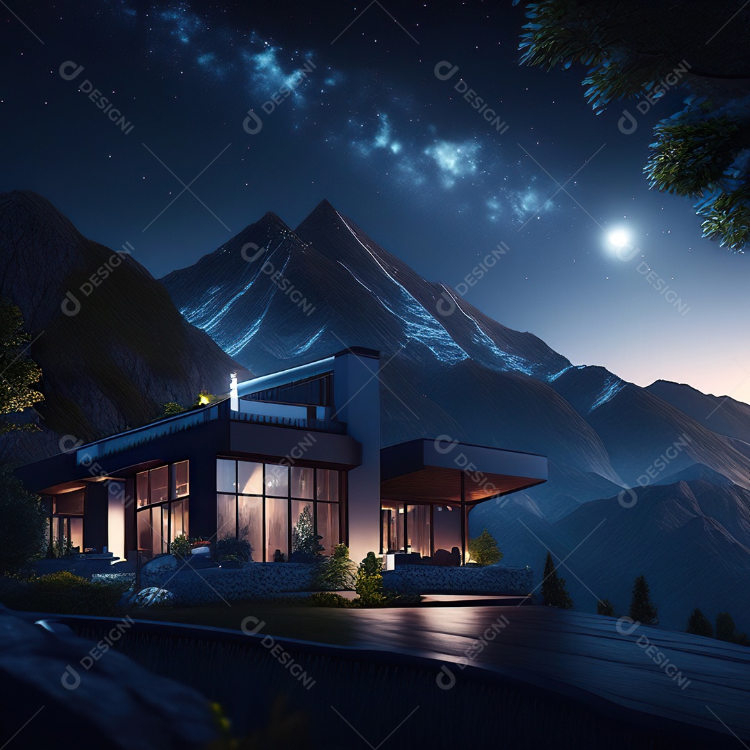 Renderização hiper-realista de uma vila com vista para a montanha