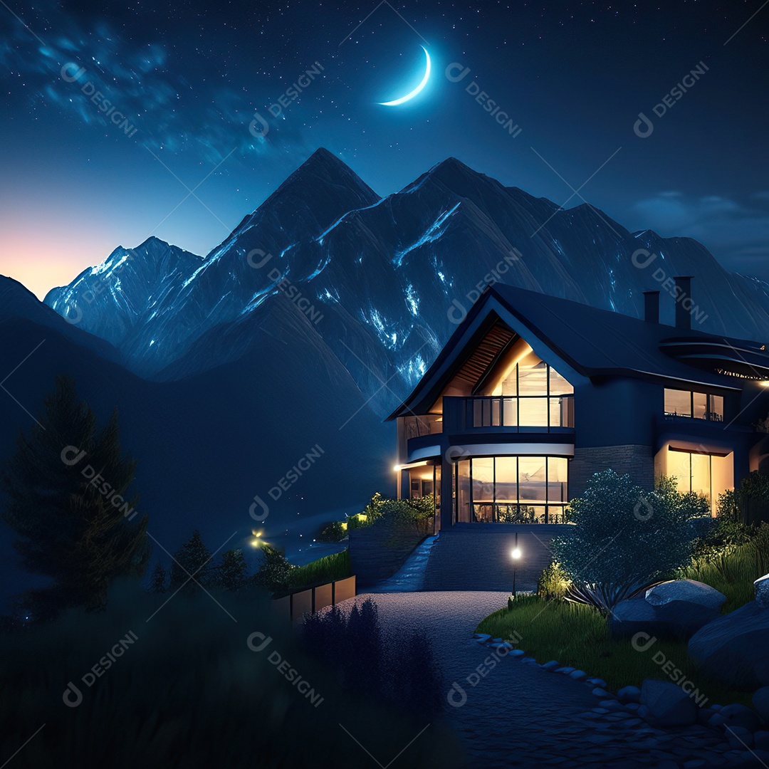 Renderização hiper-realista de uma vila com vista para a montanha