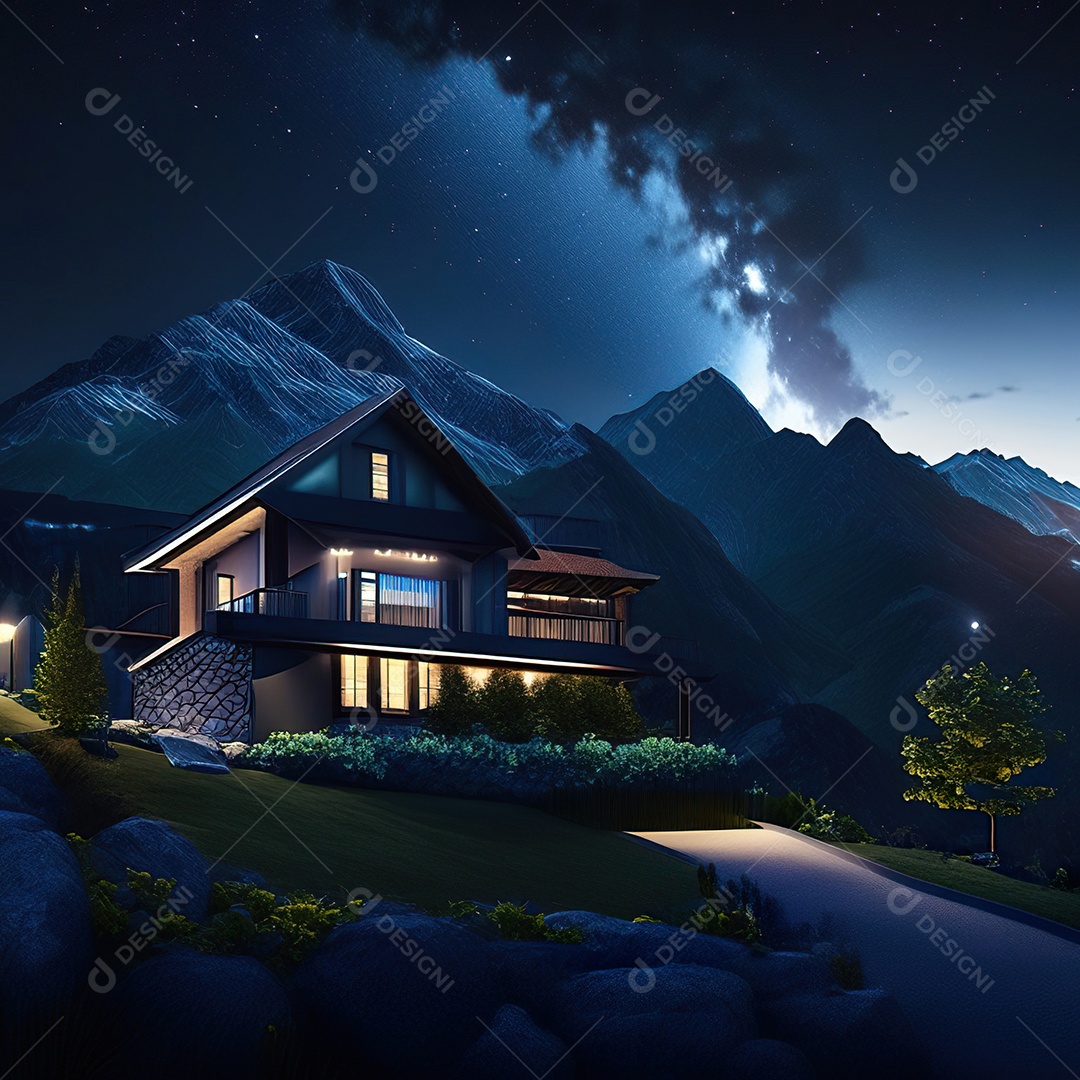 Renderização hiper-realista de uma vila com vista para a montanha