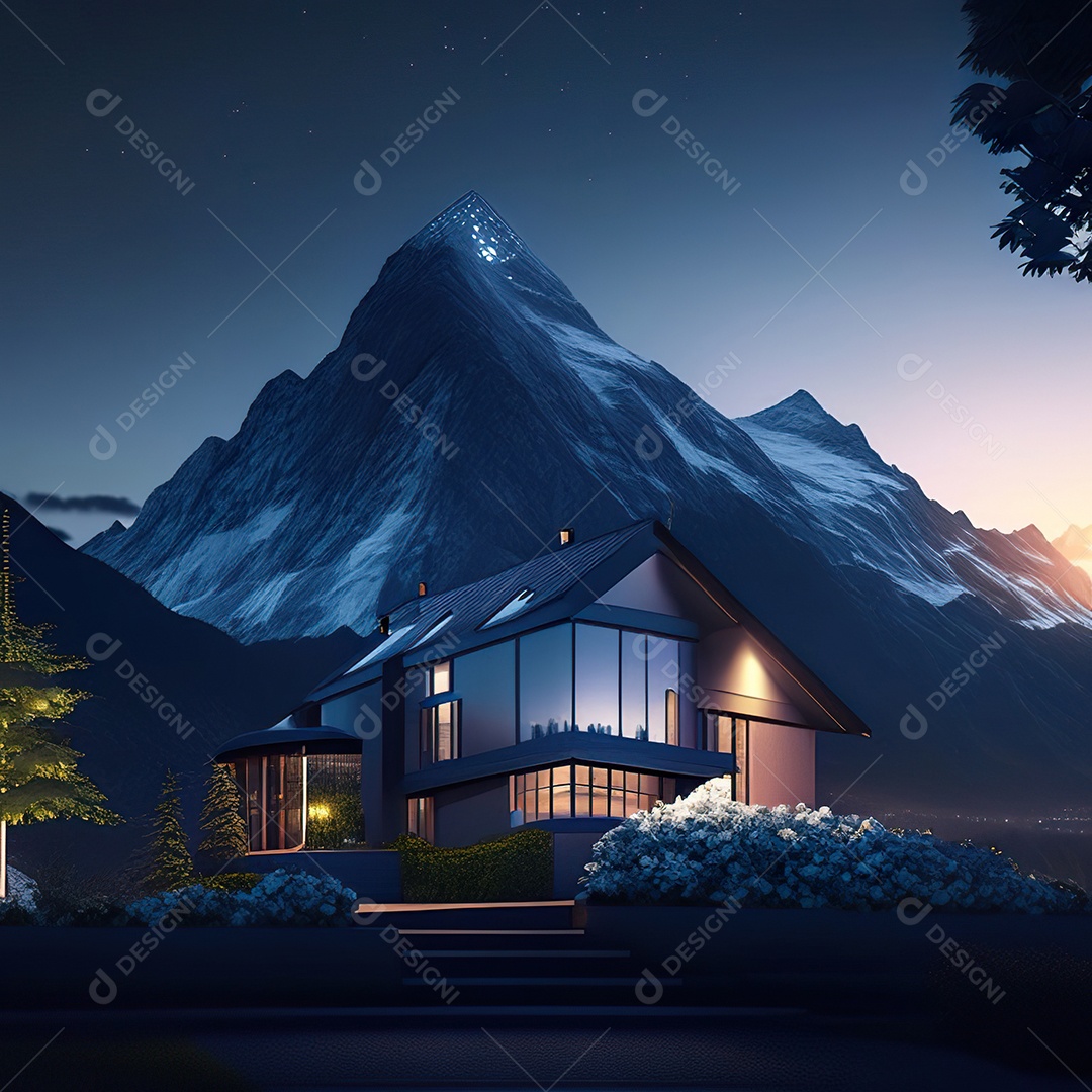 Renderização hiper-realista de uma vila com vista para a montanha