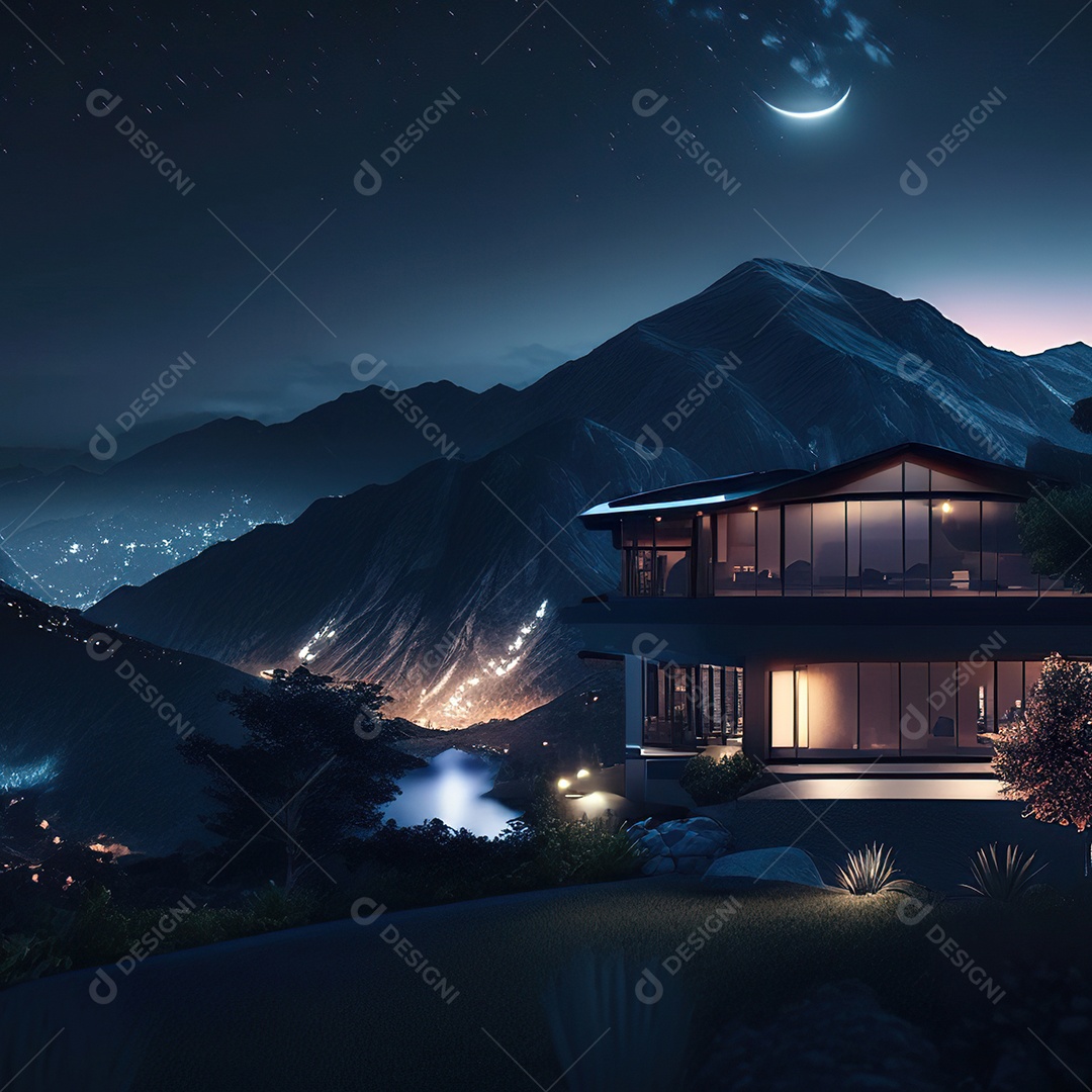 Renderização hiper-realista de uma vila com vista para a montanha