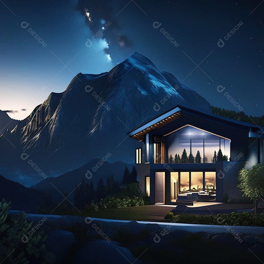 Renderização hiper-realista de uma vila com vista para a montanha