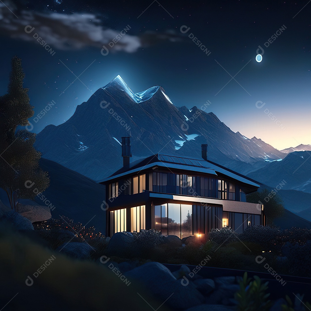 Renderização hiper-realista de uma vila com vista para a montanha