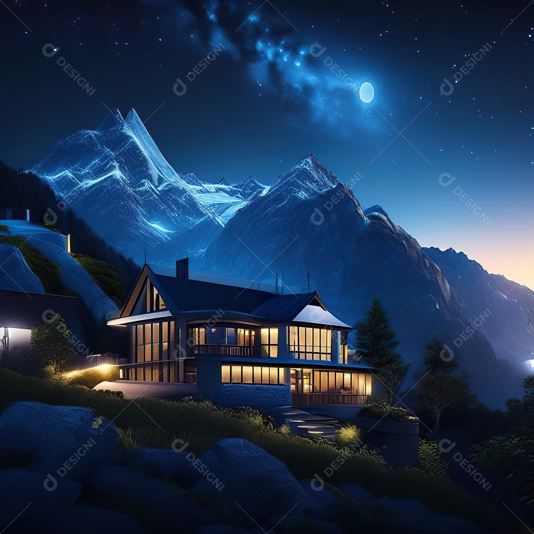 Renderização hiper-realista de uma vila com vista para a montanha