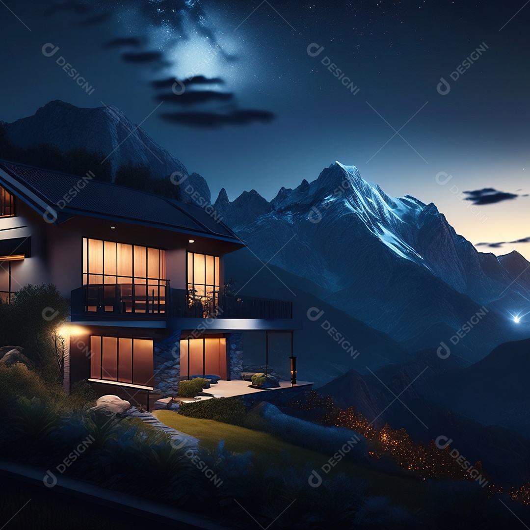 Renderização hiper-realista de uma vila com vista para a montanha