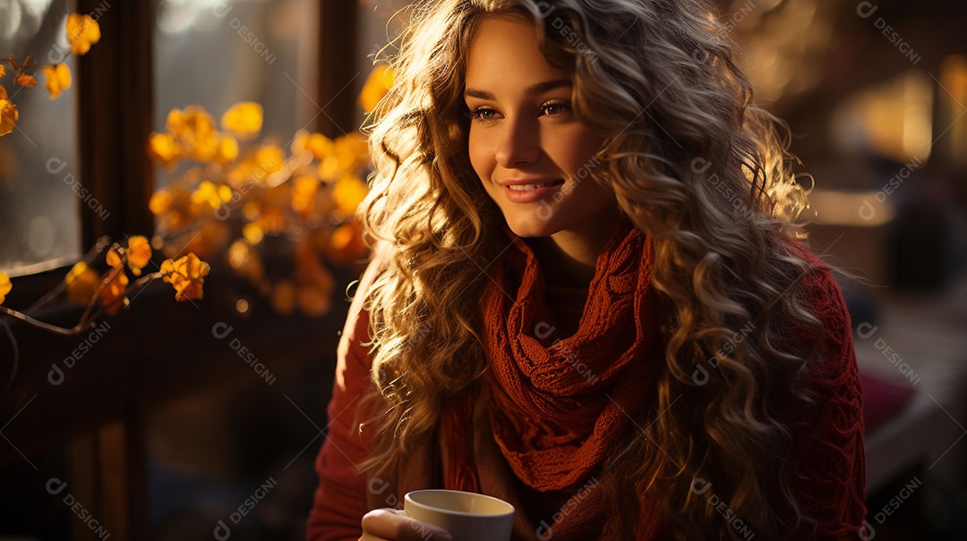 Mulher bonita tomando uma xícara de chá em um dia frio de outono.