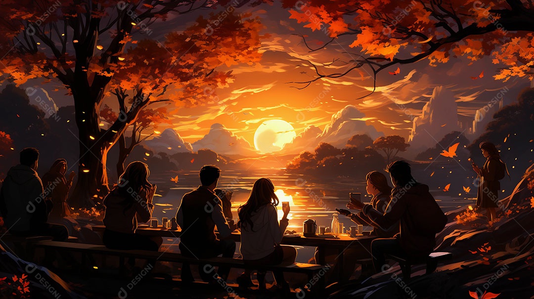 Amigos em um pôr do sol no parque no outono