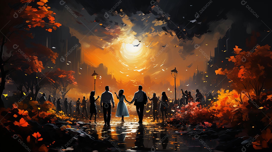 Amigos em um pôr do sol no parque no outono