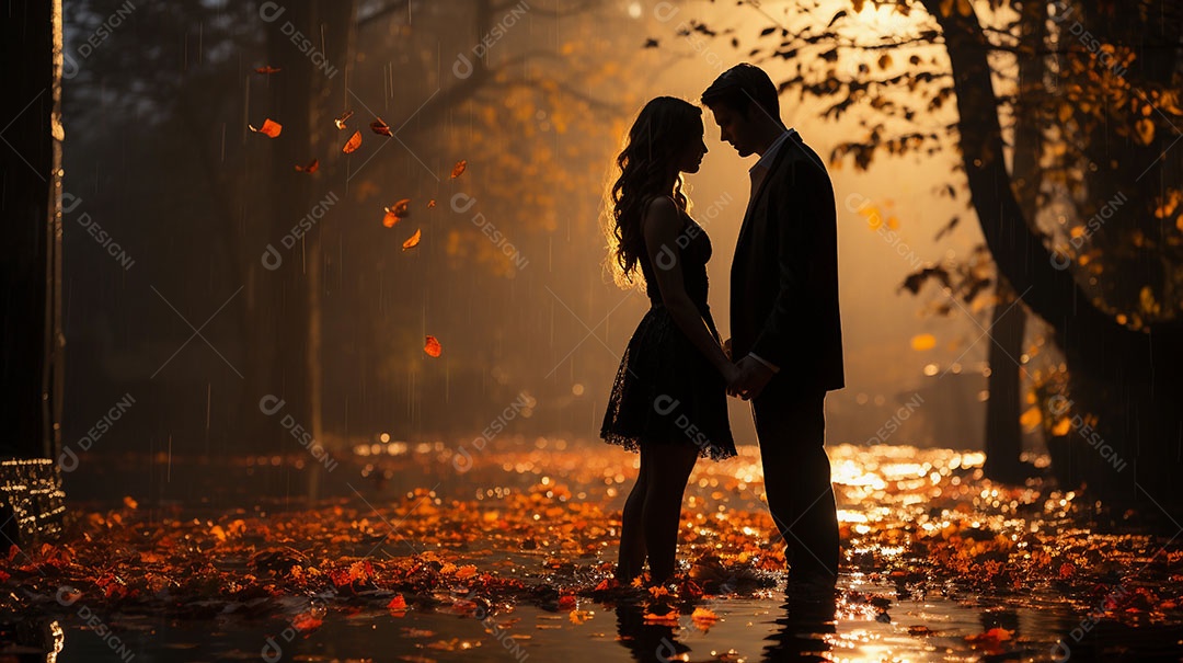 Casal apaixonado em um parque durante o outono.