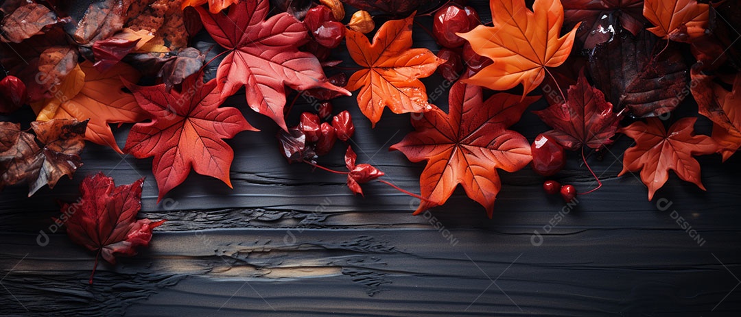 Folhas coloridas de bordo de cima para baixo em uma mesa de madeira