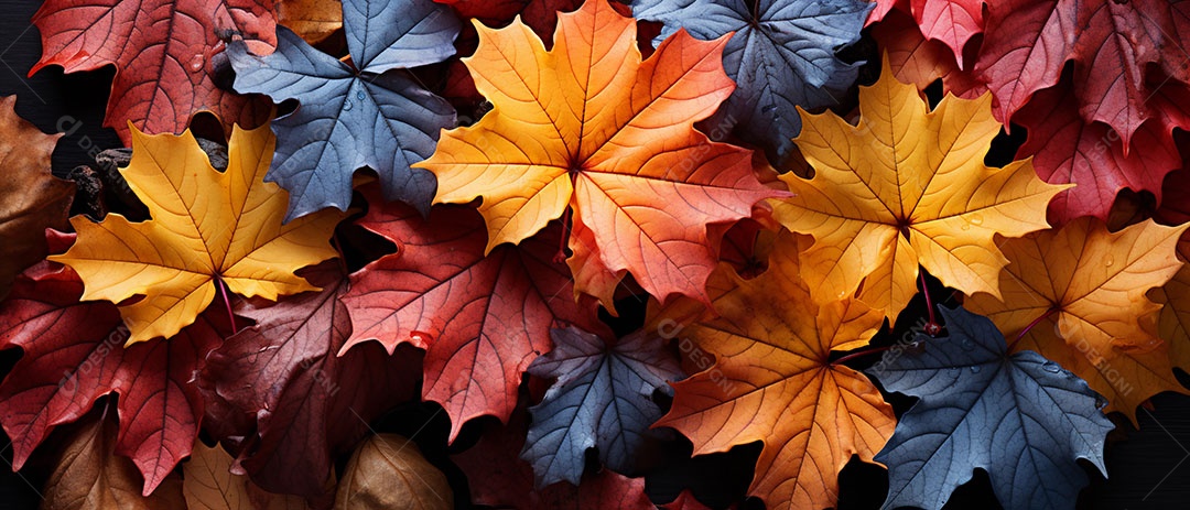 Folhas coloridas de bordo de cima para baixo em uma mesa de madeira
