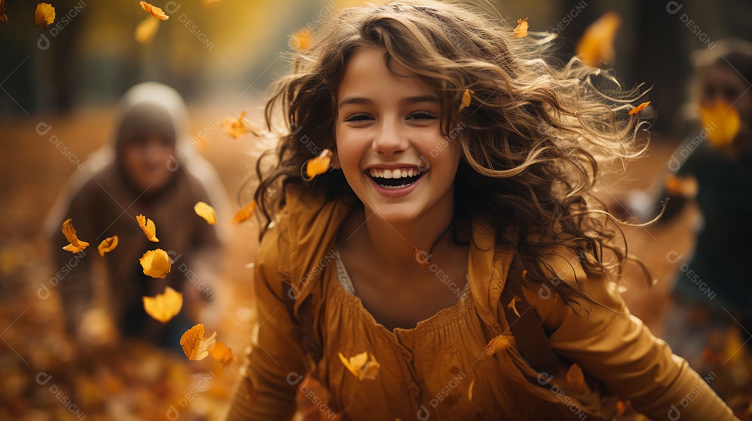 Crianças correndo no parque durante o outono.