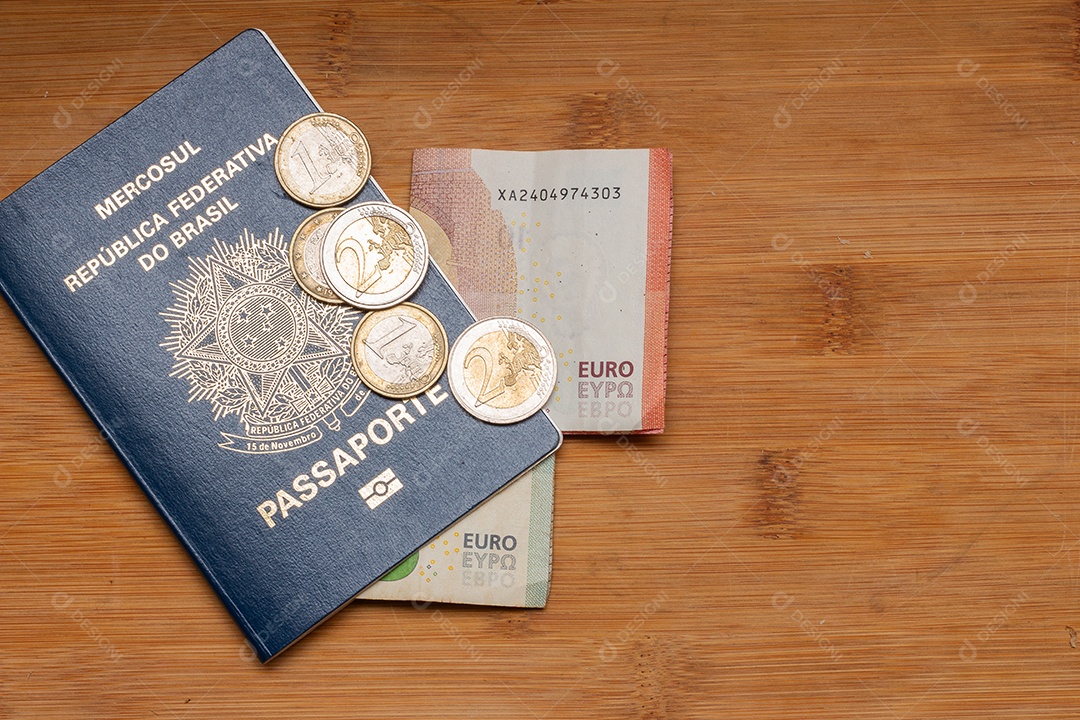 Passaporte com moedas e notas de euro