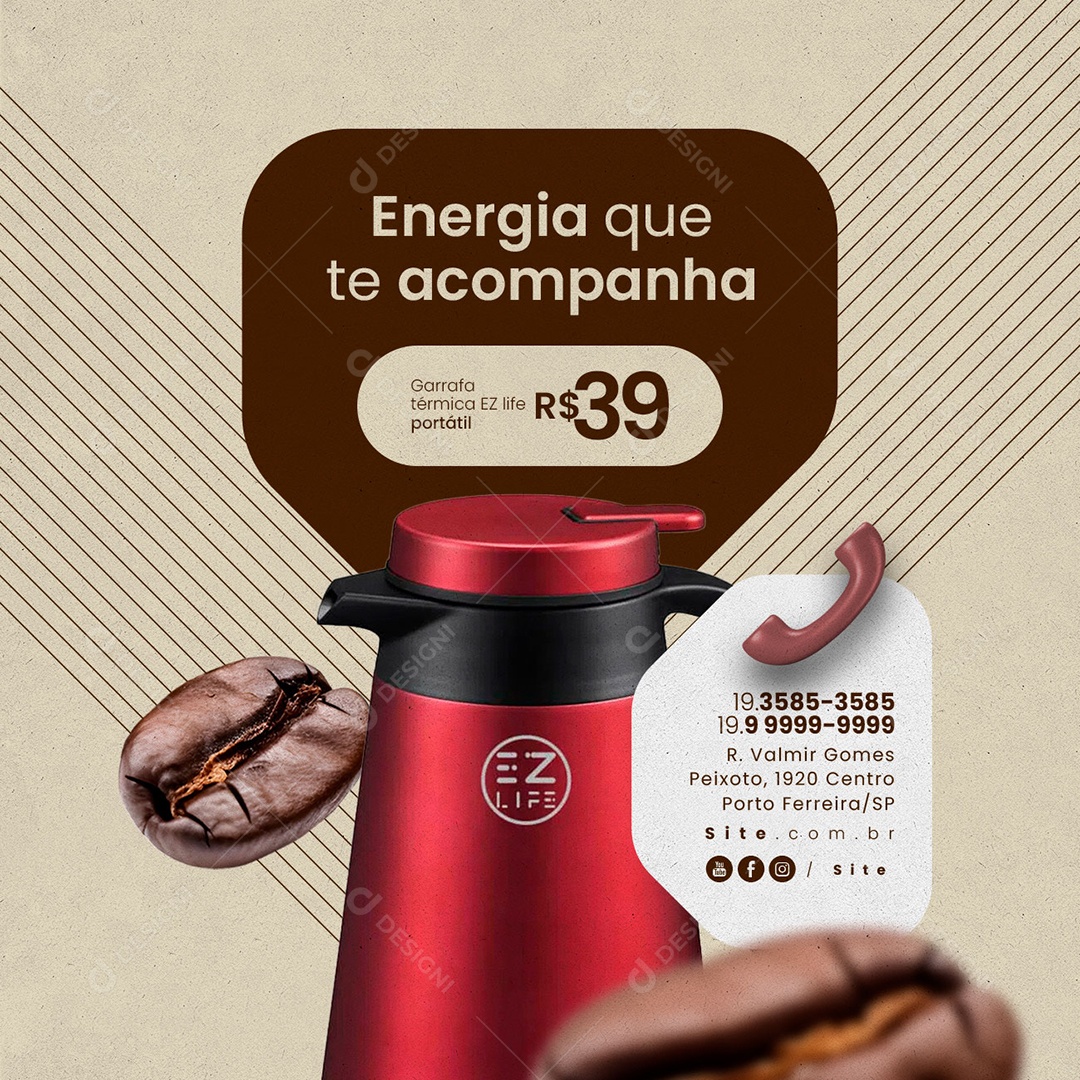 Garrafa de Café Energia que te Acompanha Garrafa Térmica Ez Life Social Media PSD Editável