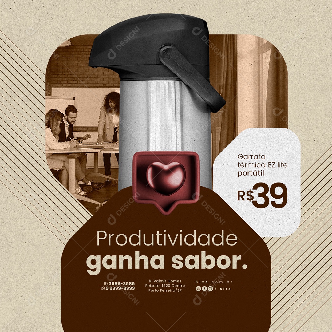 Garrafa de Café Produtividade Ganha Sabor Garrafa Térmica EZ life Portátil Social Media PSD Editável