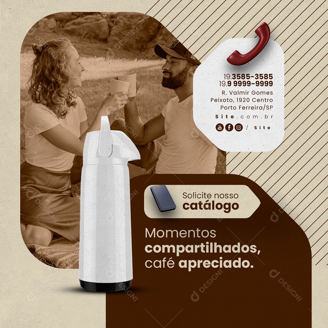 Garrafa de Café Solicite Nosso Catálogo Momentos Compartilhados Social Media PSD Editável