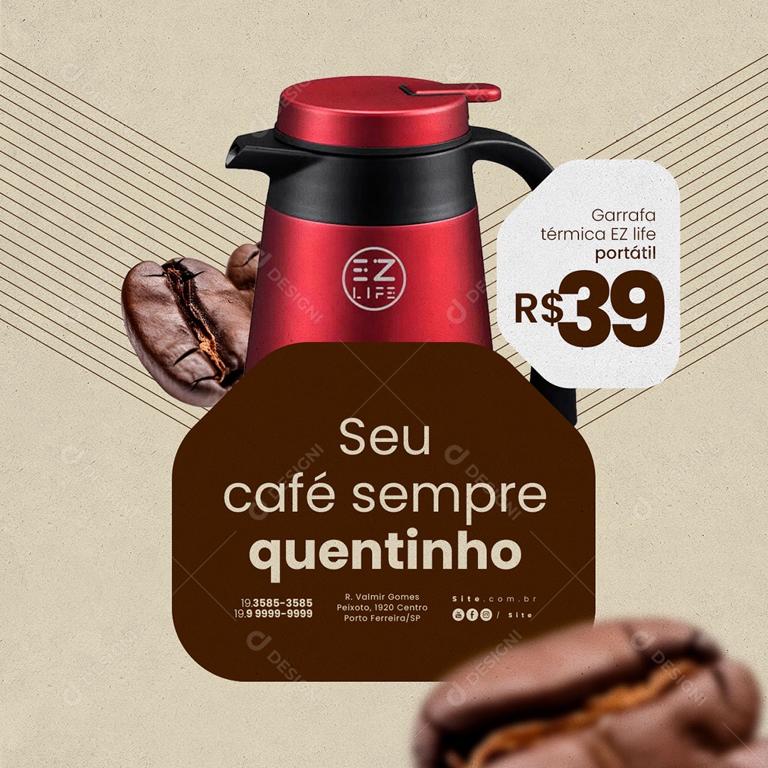 Garrafa Térmica Seu Café Sempre Quentinho Social Media PSD Editável