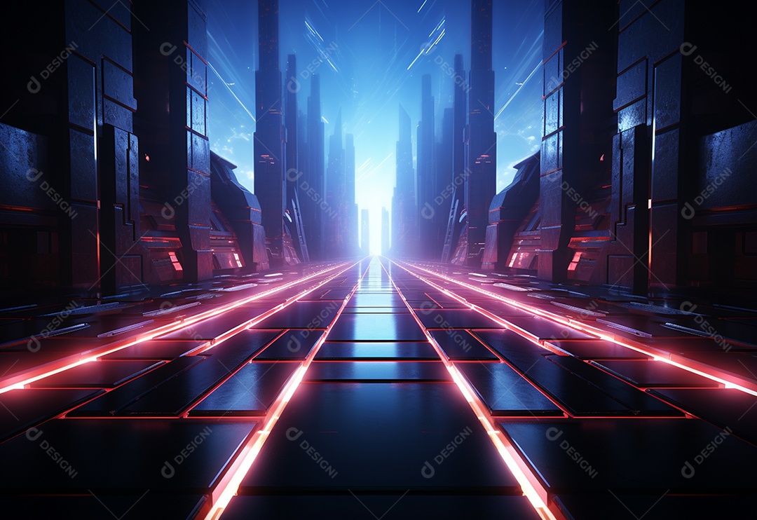 Imagem realista de cenário futurista iluminado por néon