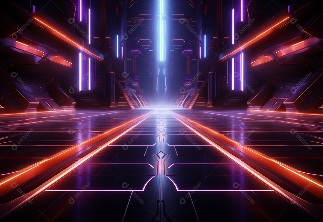 Imagem realista de cenário futurista iluminado por néon