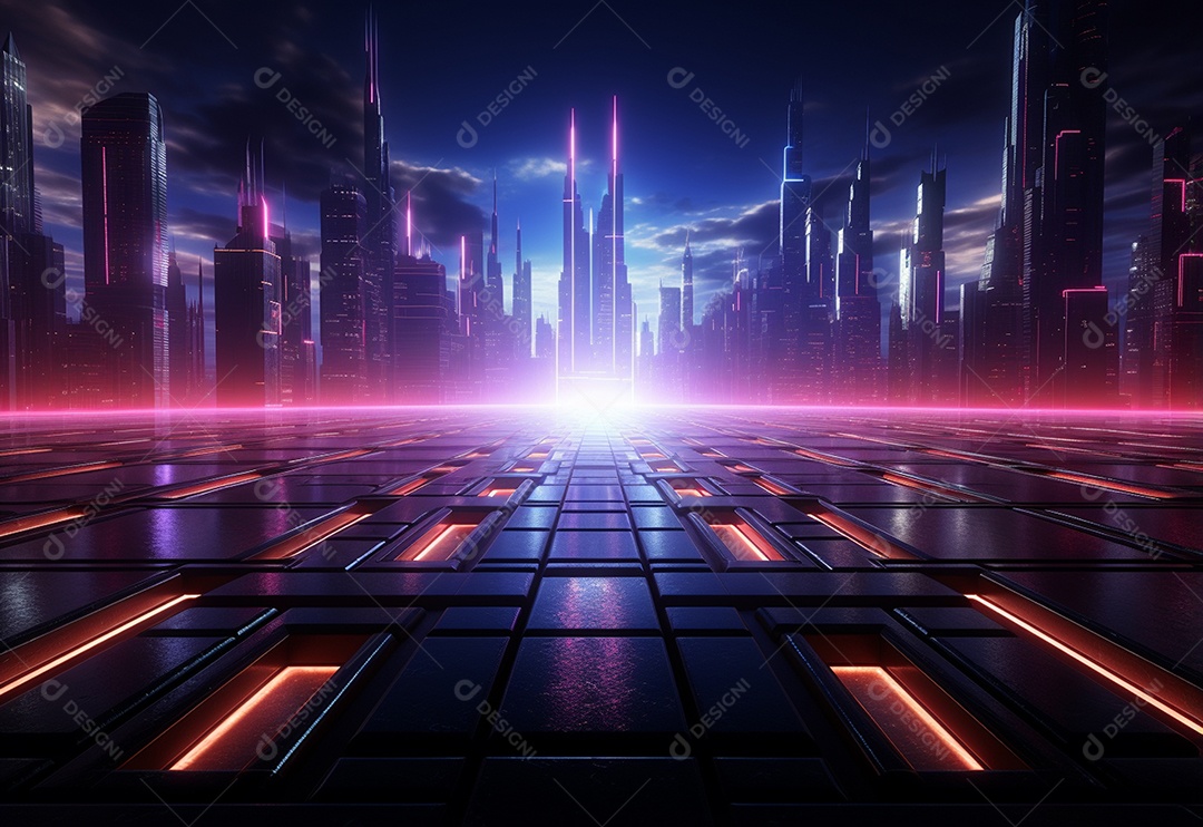 Imagem realista de cenário futurista iluminado por néon