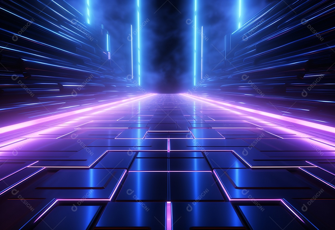 Imagem realista de cenário futurista iluminado por néon