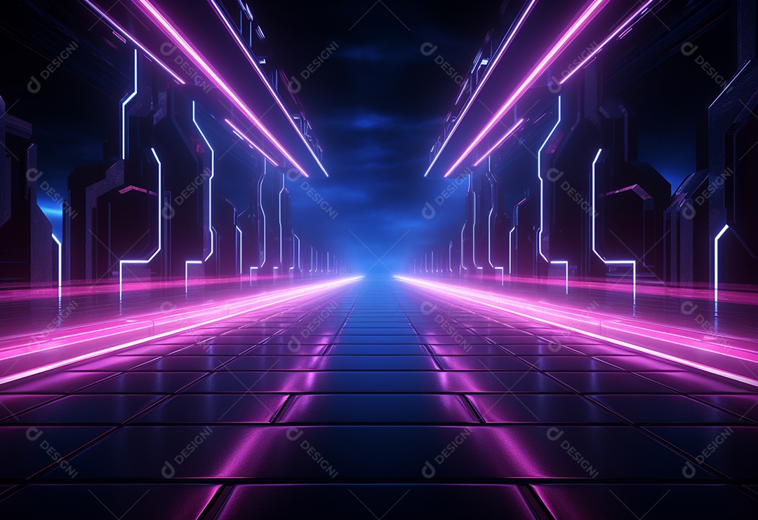 Imagem realista de cenário futurista iluminado por néon