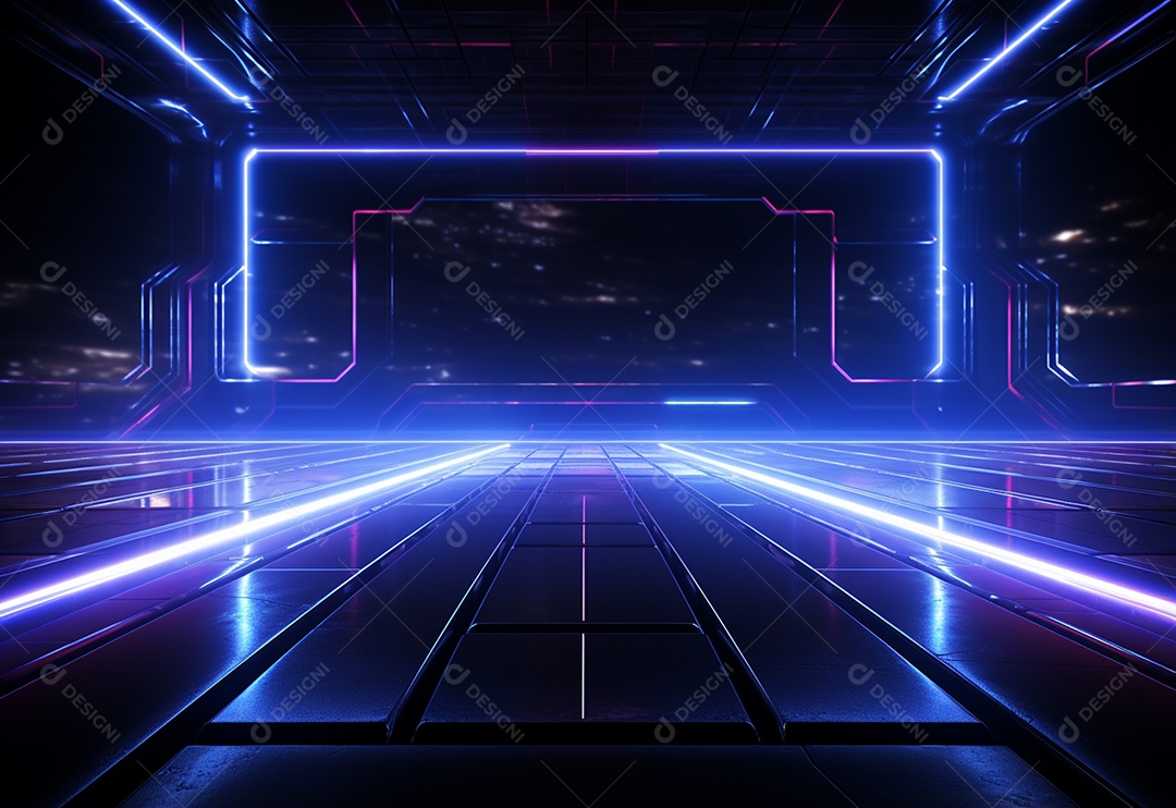 Imagem realista de cenário futurista iluminado por néon