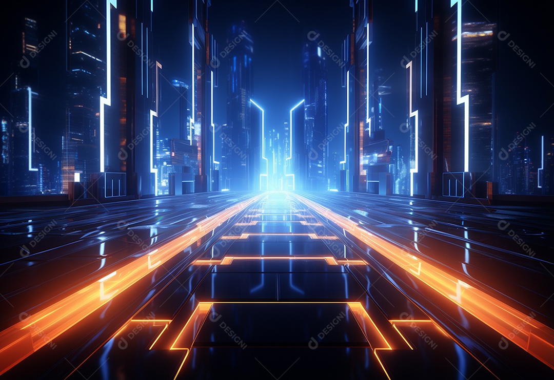 Imagem realista de cenário futurista iluminado por néon