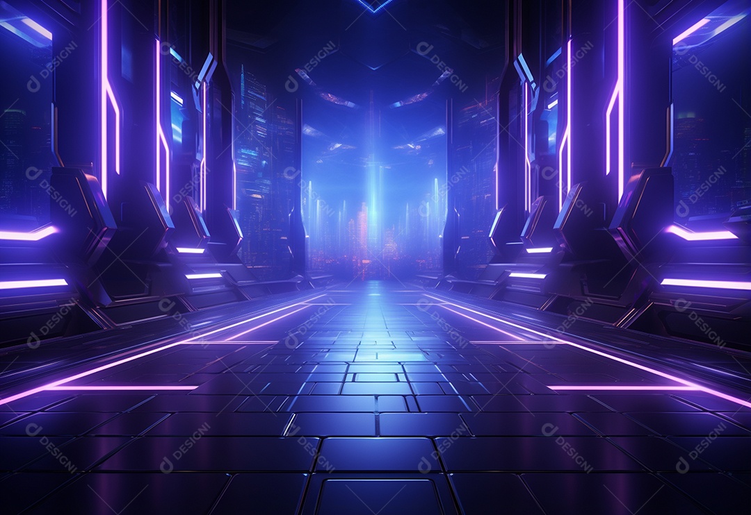 Cenário futurista iluminado por néon realista