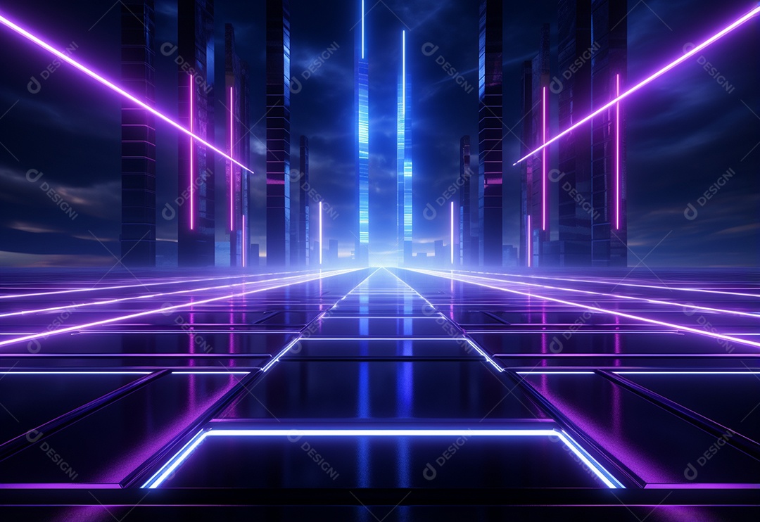 Cenário futurista iluminado por néon realista